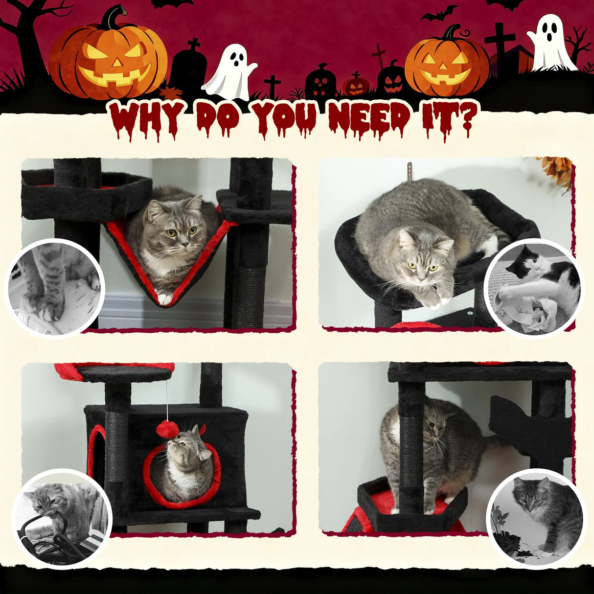 PawHut Gothic Cat Tree, 152 cm Multi-Level Cat Tower for Large Cats with Coffin Bed, Large Condo, for Halloween