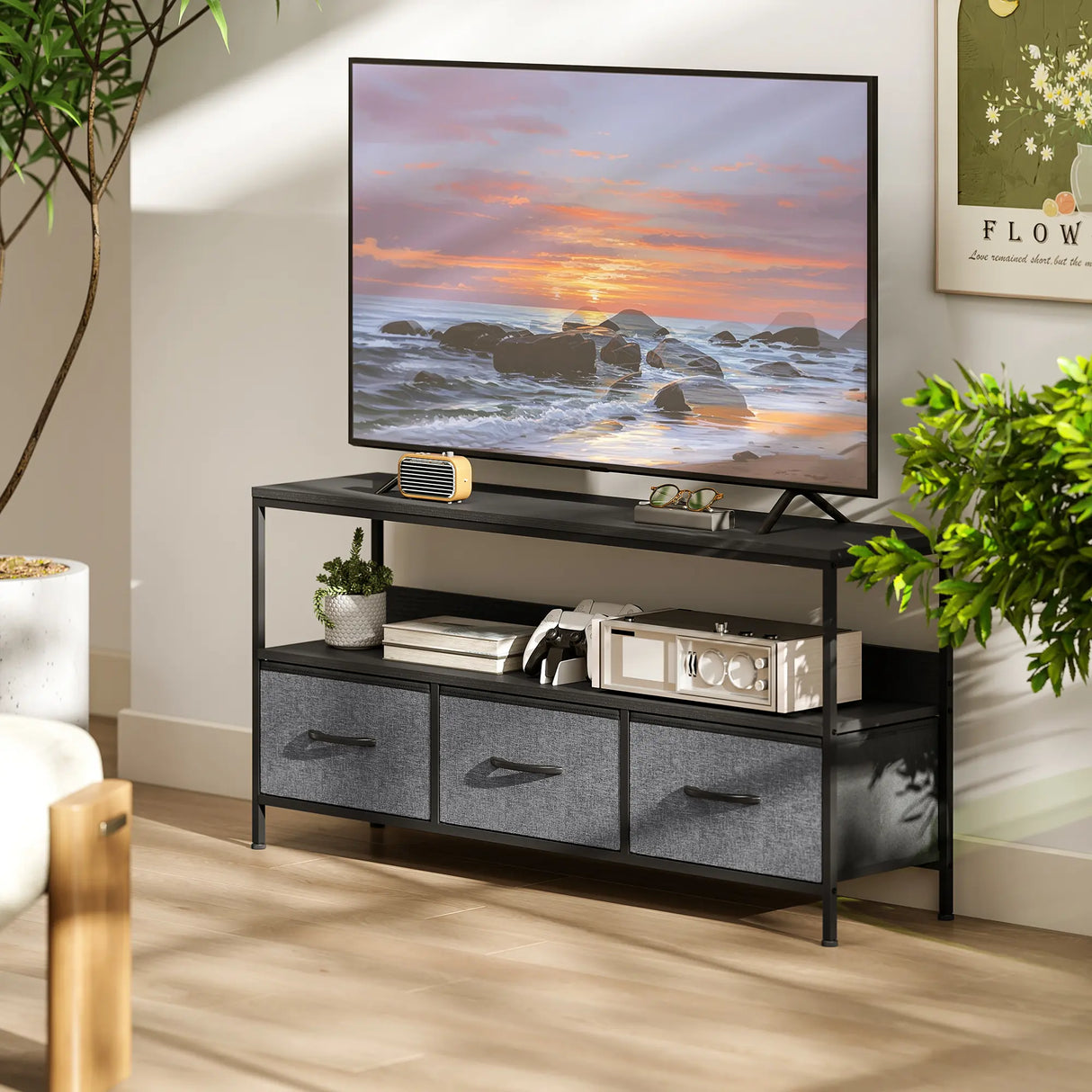 HOMCOM TV Stand Cabinet with 3 Foldable Drawers - Black