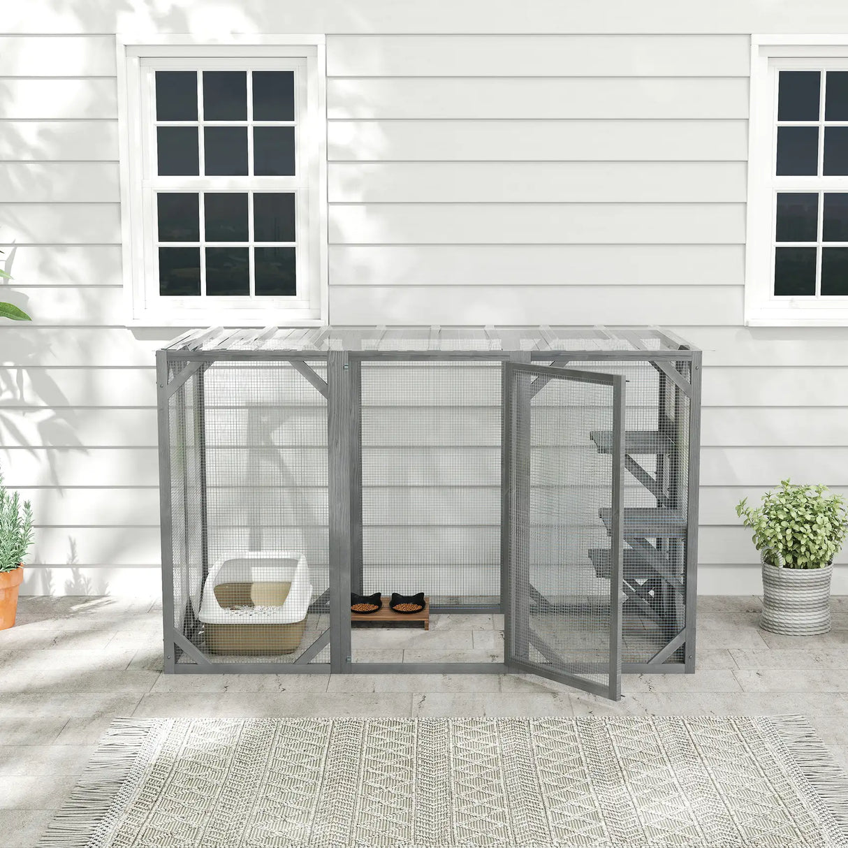 PawHut 71" Outdoor Wooden Cat House with Three Platforms, Large Door, Water-Resistant Roof, for Multiple Cats, Grey