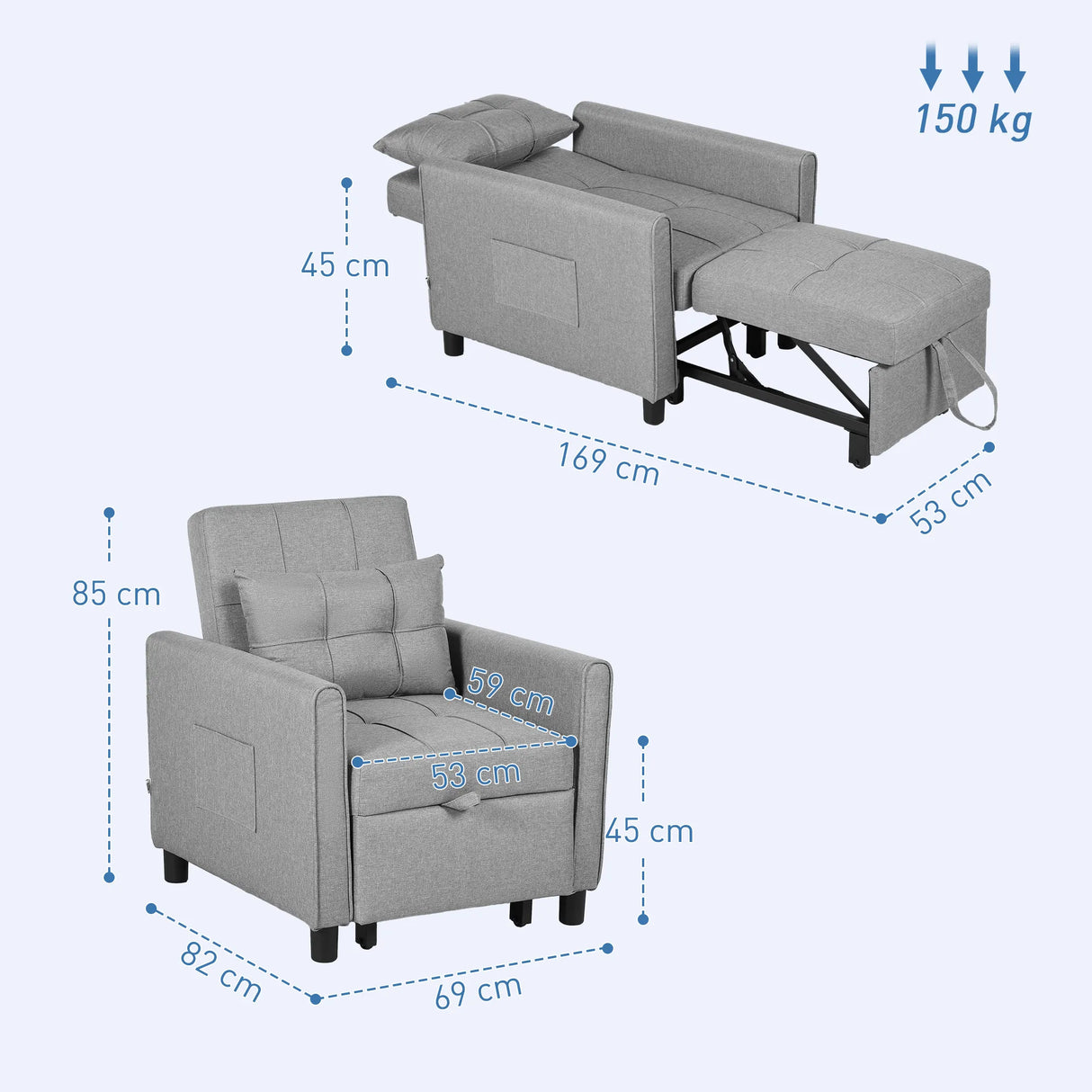 HOMCOM Linen-Look Single Chair Bed - Light Grey