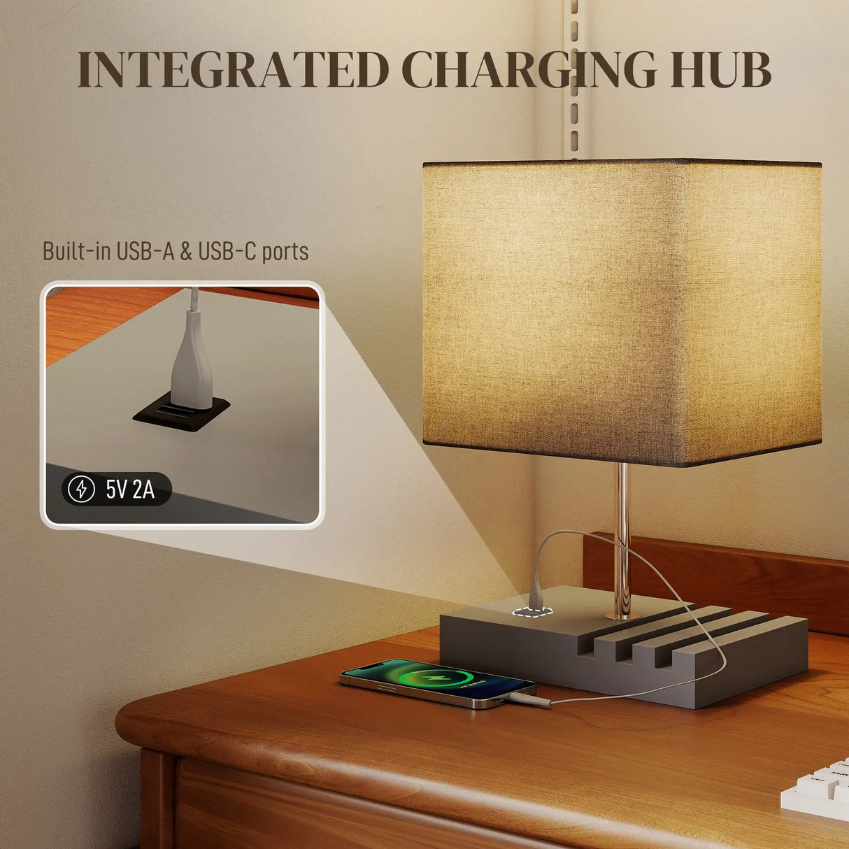 HOMCOM Bedside Lamp with USB A+C Charging Ports and 3 Phone Stands, Modern Table Lamp with Solid Wood Base and Fabric Shade for Bedroom Living Room Office, E27 Socket, Bulb Not Included, Grey