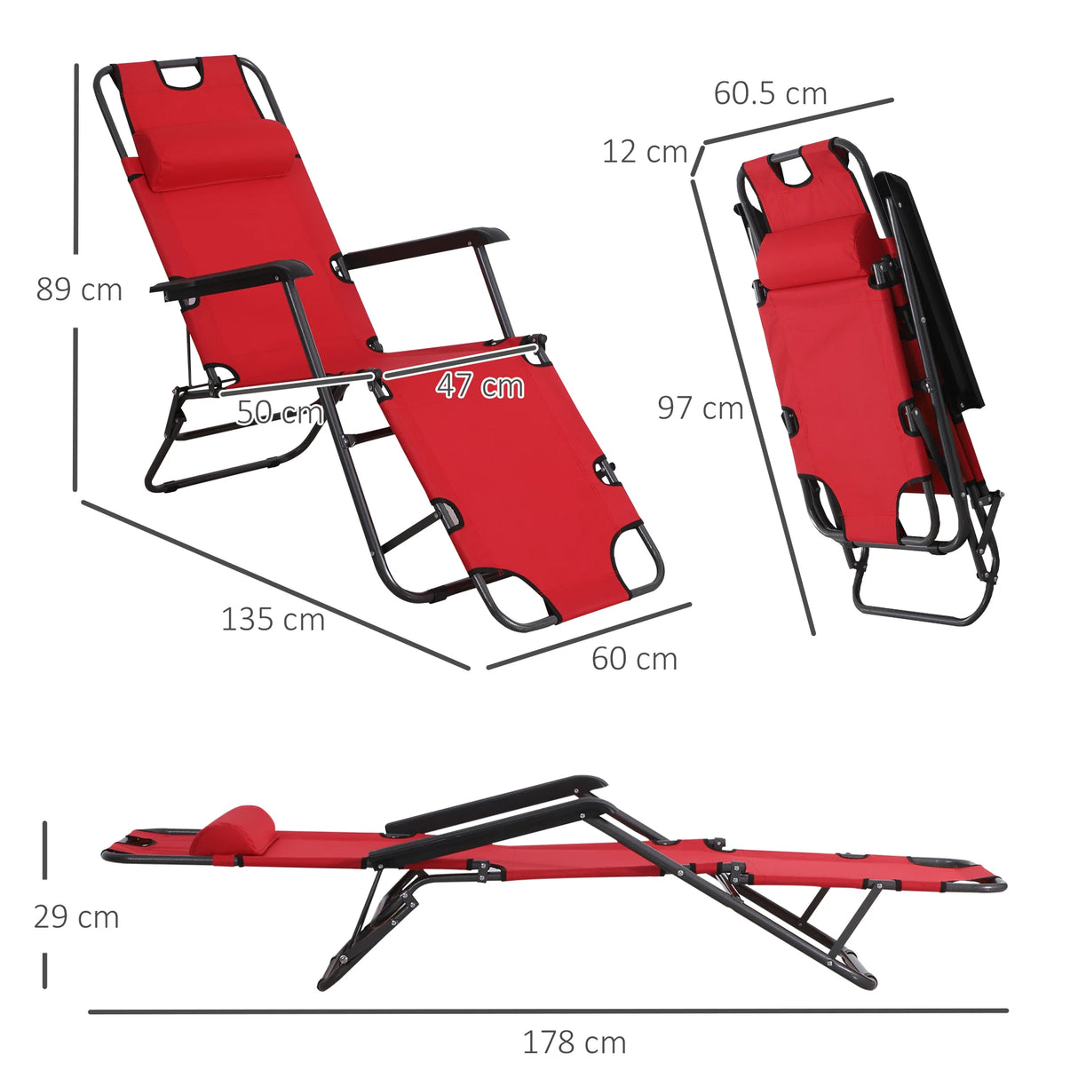 Outsunny 2 in 1 Folding Sun Lounger Reclining Garden Chair Set of 2 with 2-Level Adjustable Backrest, Outdoor Zero Gravity Recliner Garden Chairs with Head Pillow and Armrests, Red