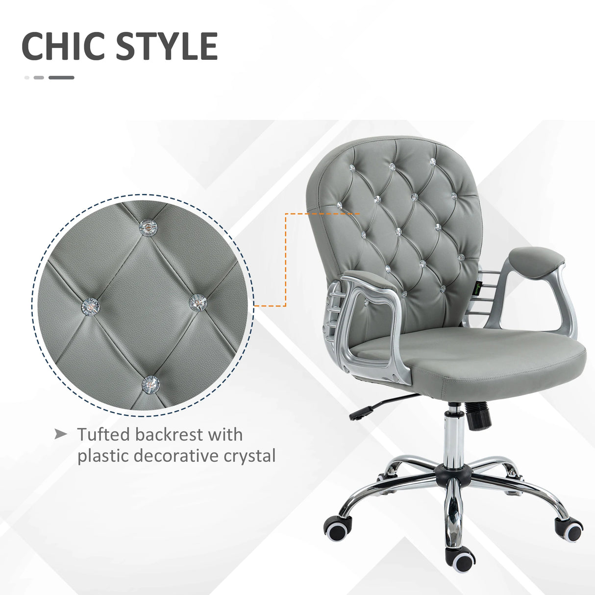Vinsetto Office Chair Ergonomic 360 Swivel PU Diamante Padded Base 5 Castor Wheels for Home Work Grey