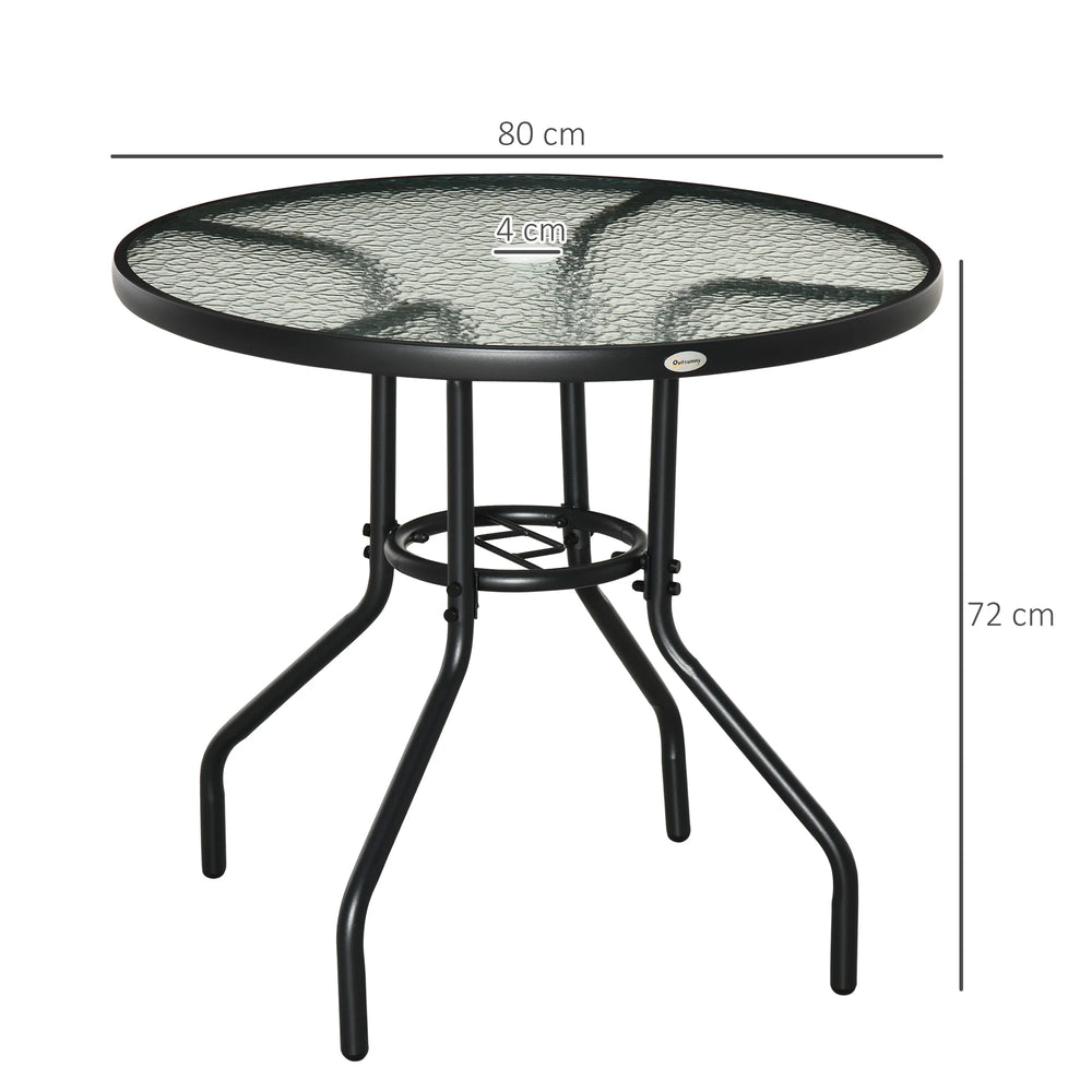 Outsunny Outdoor 80cm Round Dining Table Tempered Glass Top Steel Frame Bistro Coffee End Side Table Garden w/ Parasol Hole