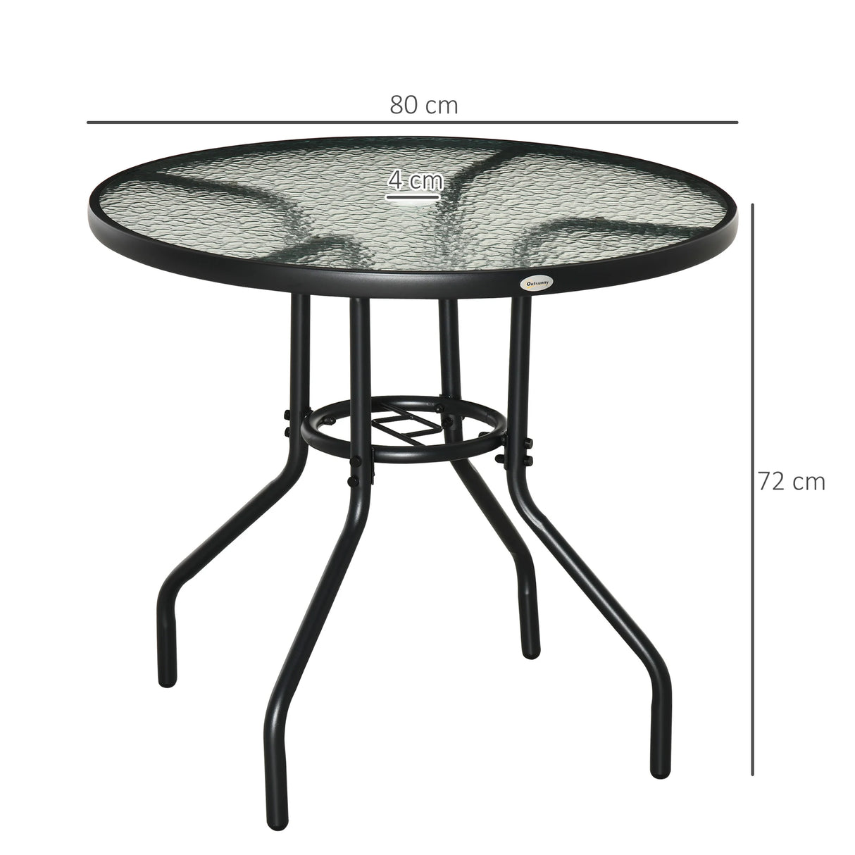 Outsunny Outdoor 80cm Round Dining Table Tempered Glass Top Steel Frame Bistro Coffee End Side Table Garden w/ Parasol Hole