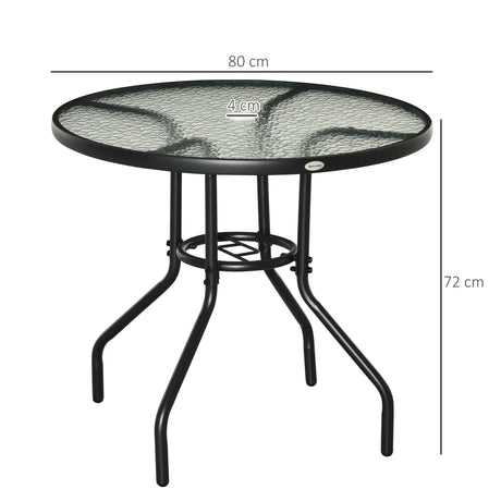 Outsunny Outdoor 80cm Round Dining Table Tempered Glass Top Steel Frame Bistro Coffee End Side Table Garden w/ Parasol Hole