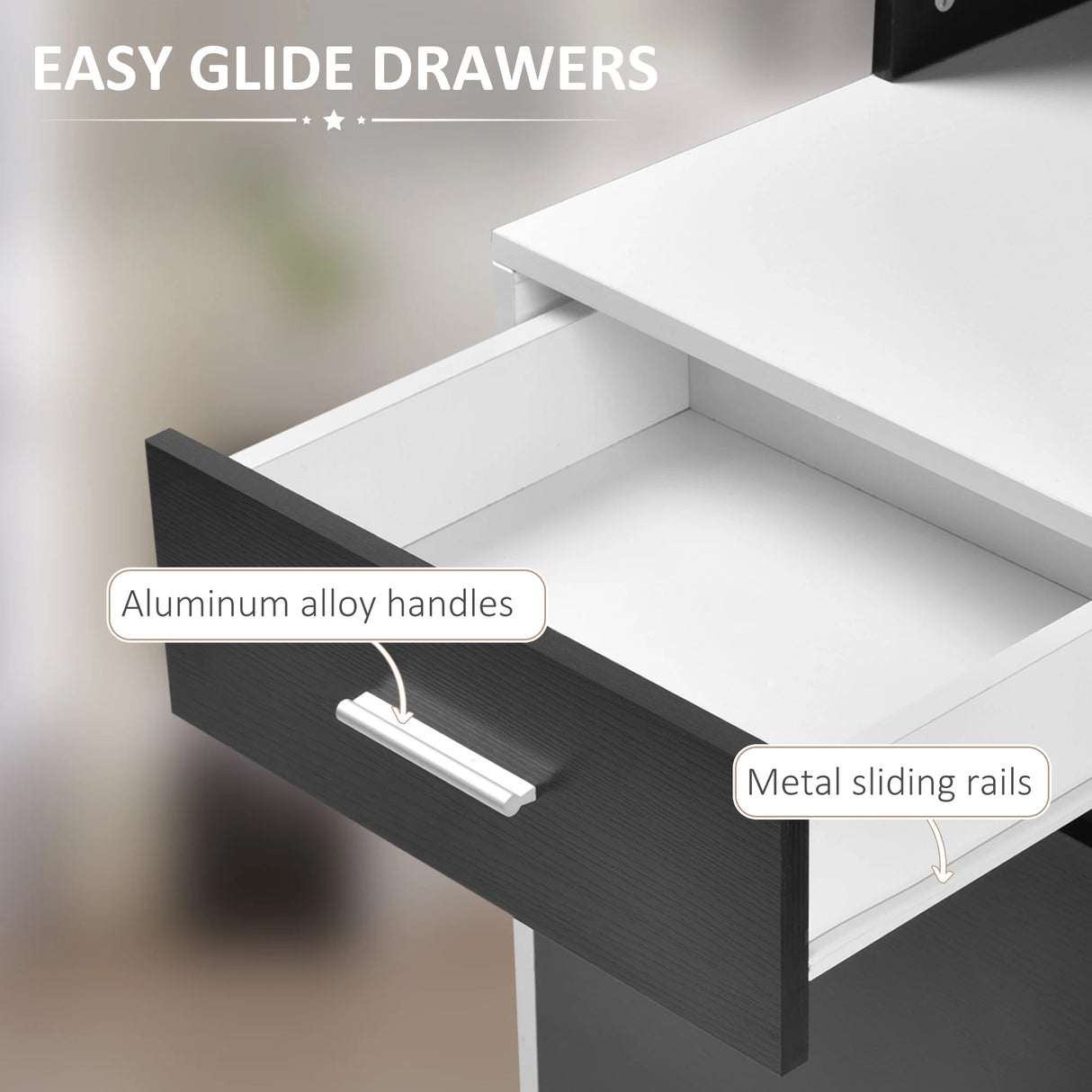 HOMCOM Computer Desk with Drawers and Storage Shelves, Office Desk Writing Table with Printer Stand, Large Workstation for Study Play Work Home Office, 137 x 55 x 92cm, Black and White