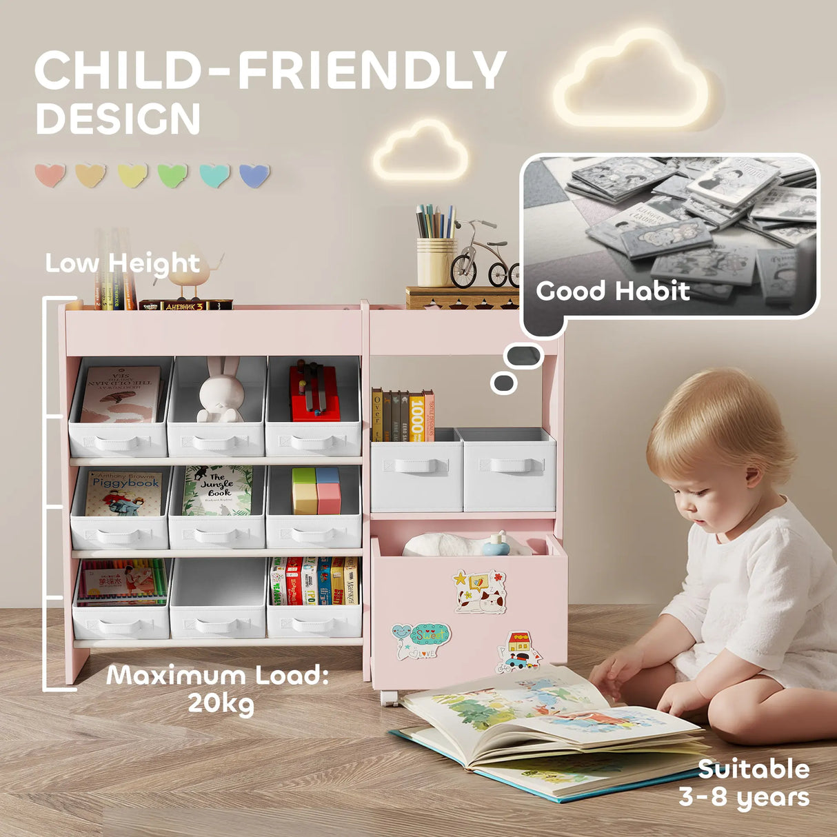 AIYAPLAY Kids Toy Storage Unit with 11 Bins, Cabinet, Top Shelves, 3 Stickers, for Nursery, Playroom, Pink