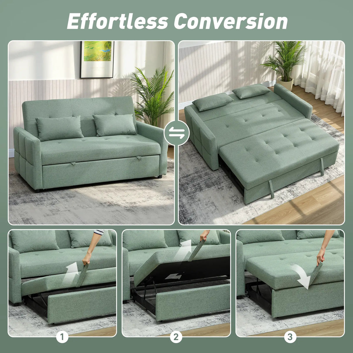 HOMCOM Three-Way Two-Seater Sofa Bed - Green