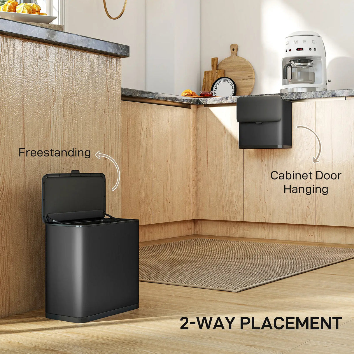 HOMCOM 8L Hanging Kitchen Bin, Rubbish bin with Lid and Removable Inner Bucket for Kitchen Cabinet Door, Under Sink, Office