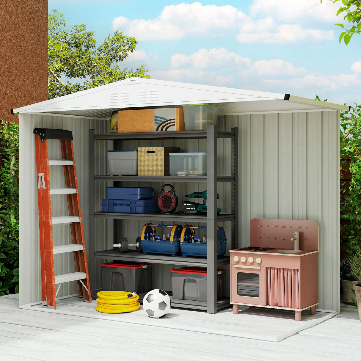 Outsunny 8 x 4 ft Metal Garden Shed, Garden Storage Shed with Window, 4 Vents and Lockable Door, Waterproof Galvanised Steel Tool Storage Shed, Light Grey