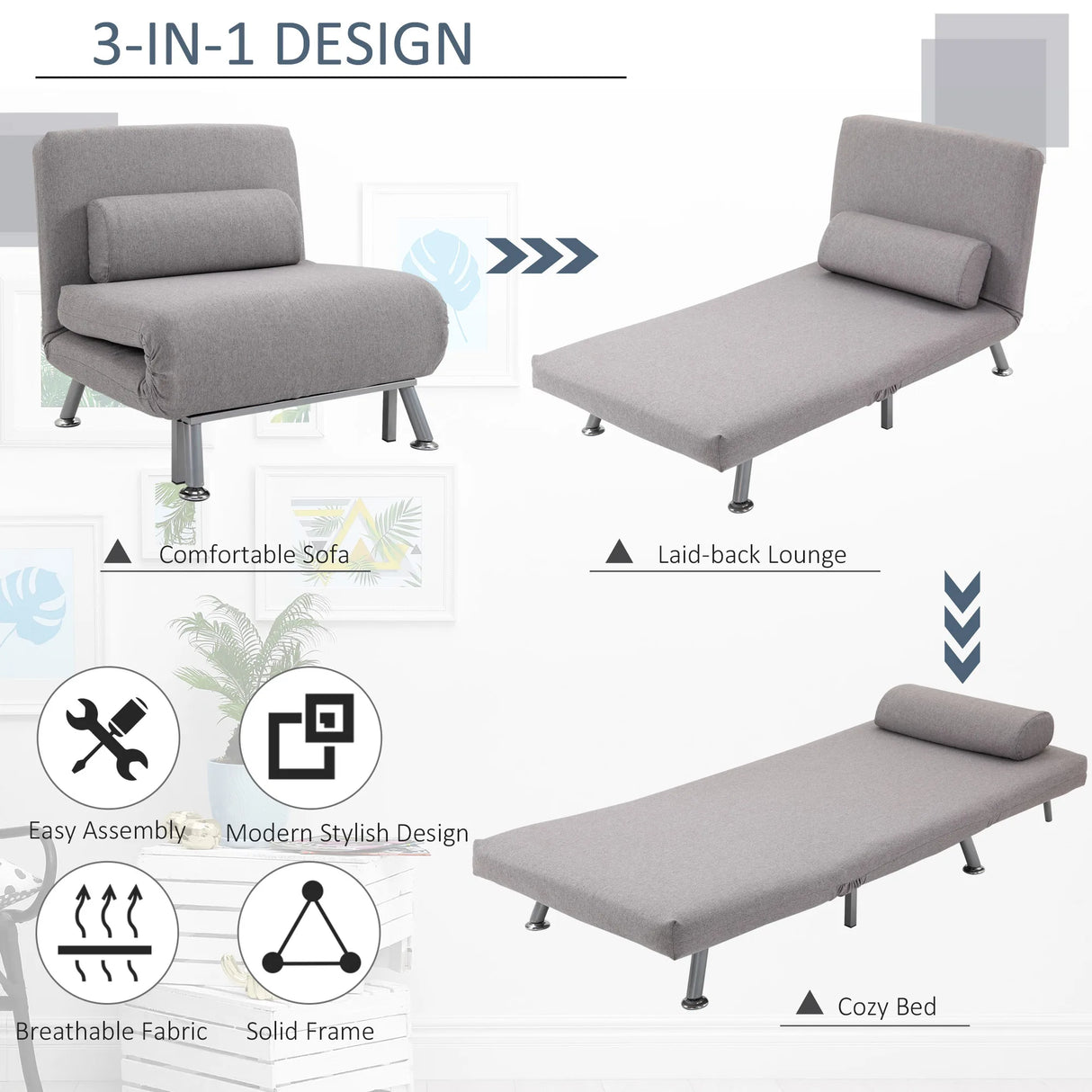 HOMCOM Adjustable Back Futon Sofa Chair - Grey