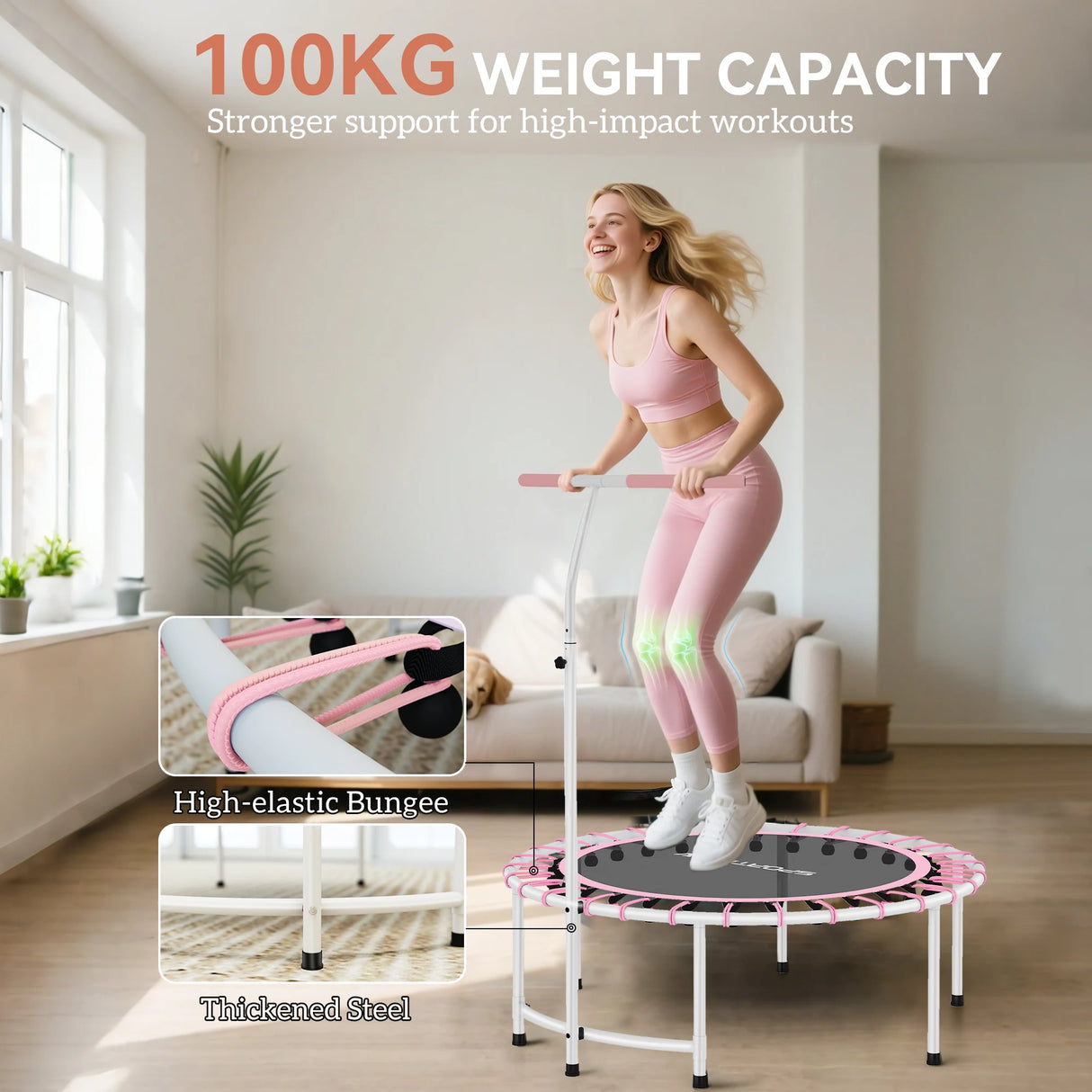 SPORTNOW 40" Fitness Trampoline, Mini Rebounder Trampoline for Adults with 5-Level Adjustable Handle, Indoor Exercise Bungee Rebounder, Max Load 100KG, Pink