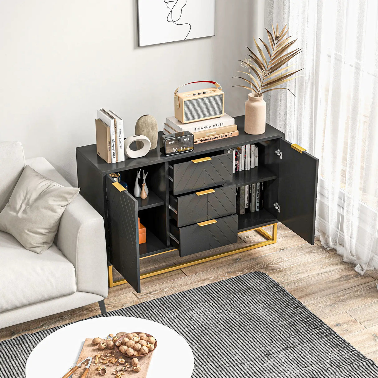 HOMCOM Sideboard with 3 Drawers and Adjustable Shelves for Living Room - Black