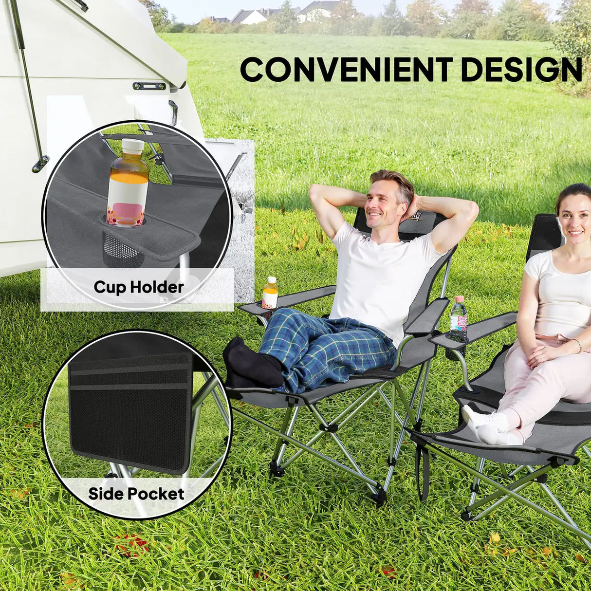 Outsunny Set of 2 Reclining Folding Camping Chair w/ Detachable Footrest, Storage Bag, Cup Holder & Headrest, Lightweight Portable Camp Chair for Beach, Picnic, Grey and Black