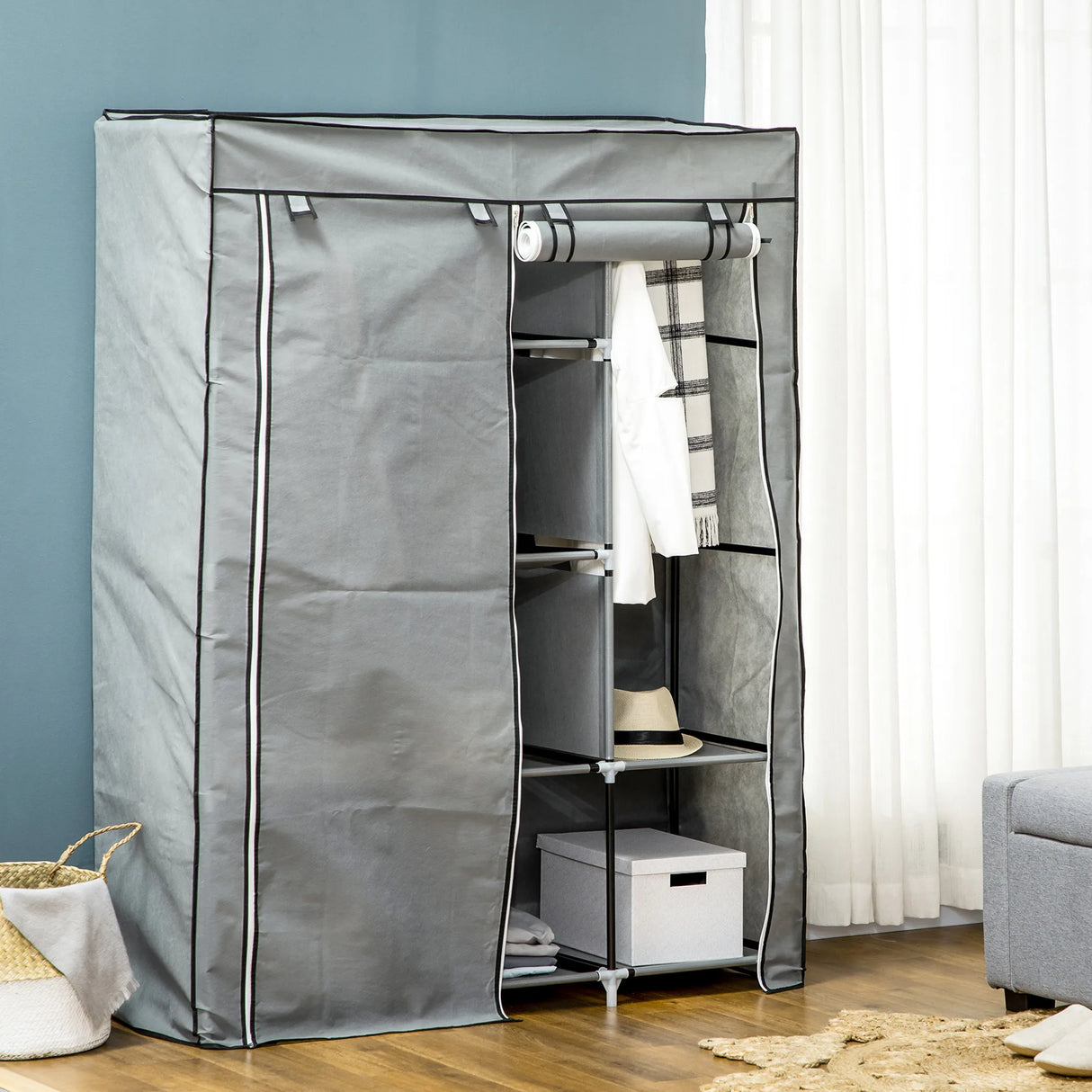 HOMCOM Fabric Wardrobe, with Rails and Shelves - Light Grey