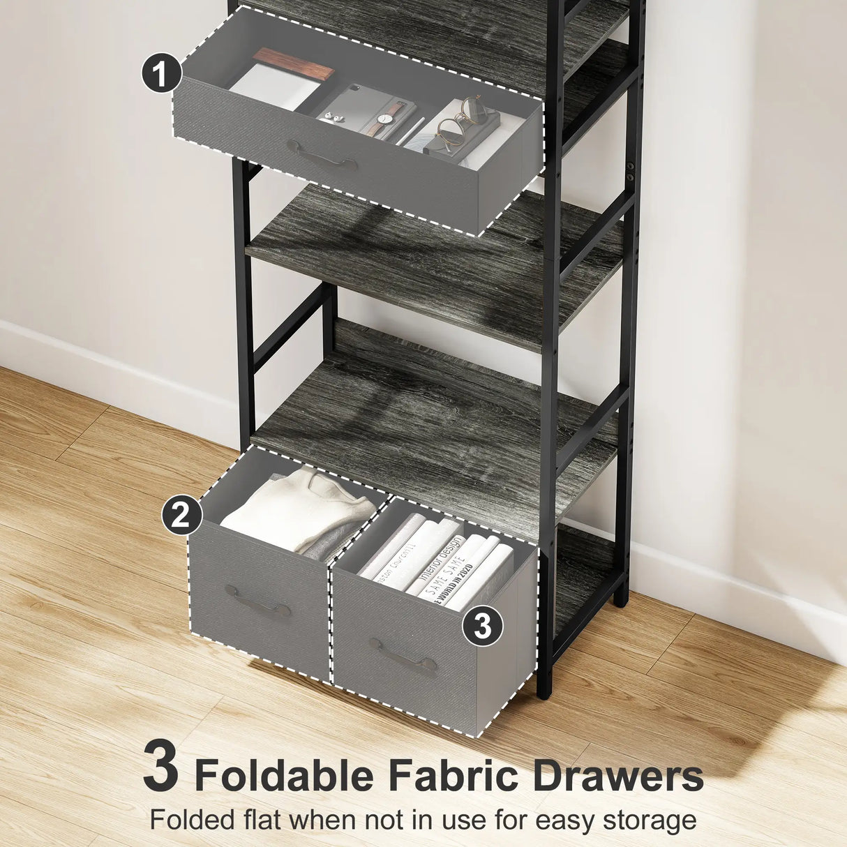 HOMCOM Industrial Bookcase, 6-Tier Tall Bookshelf with 3 Fabric Drawers - Grey