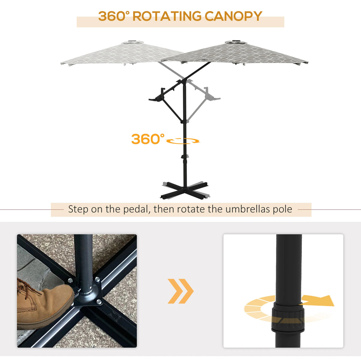 Outsunny 3(m) Convertible Cantilever Parasol and Centre-post Garden Parasol with Cross Base, 360 Rotation Banana Parasol with Crank Handle and 8 Ribs, Hanging Patio Umbrella, Black and White