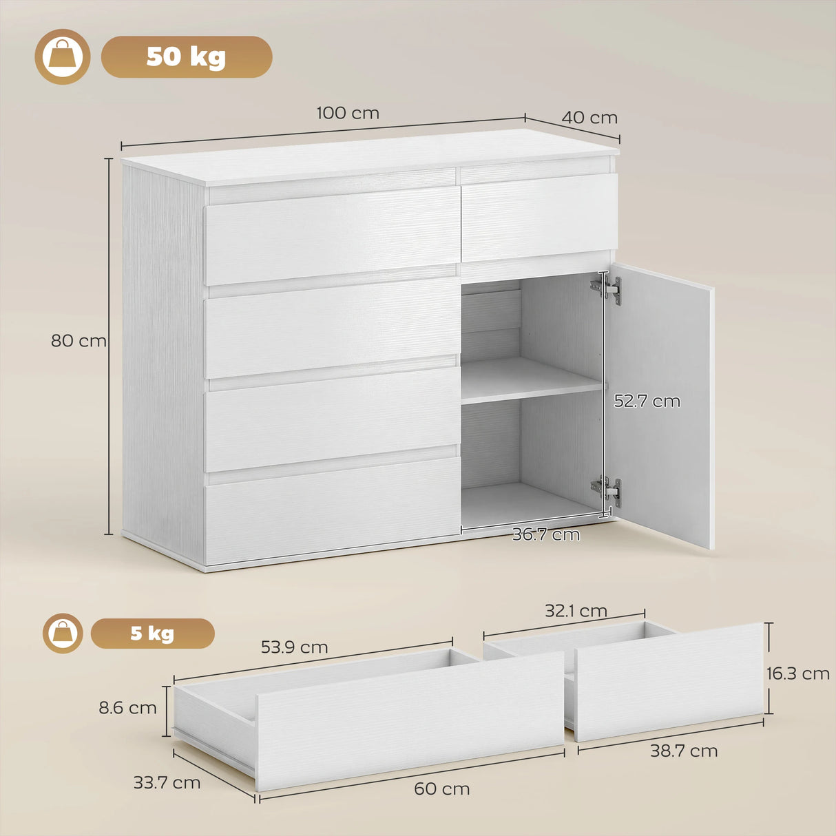 HOMCOM Modern Sideboard, Sideboard Storage Cabinet with 5 Drawers, Adjustable Shelf, Soft-Close Door, White