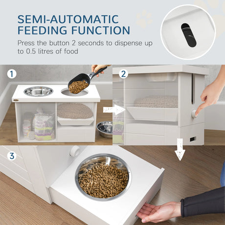 PawHut Raised Dog Bowls w/ Slow Feeder Mat, Storage Cabinet, Three Stainless Steel Bowls, Semi Auto Dispenser Function, White