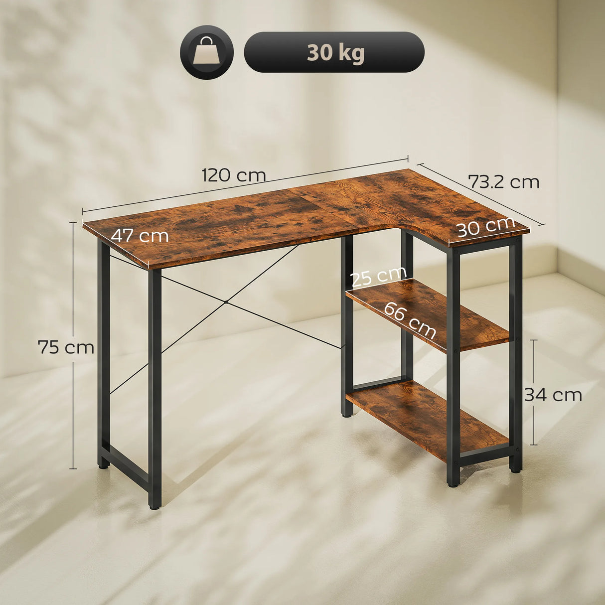 HOMCOM L Shaped Desk, Corner Computer Desk with Bookshelf for Home Office, Study Room, Workstation, 120 x 73.2 x 75cm, Rustic Brown