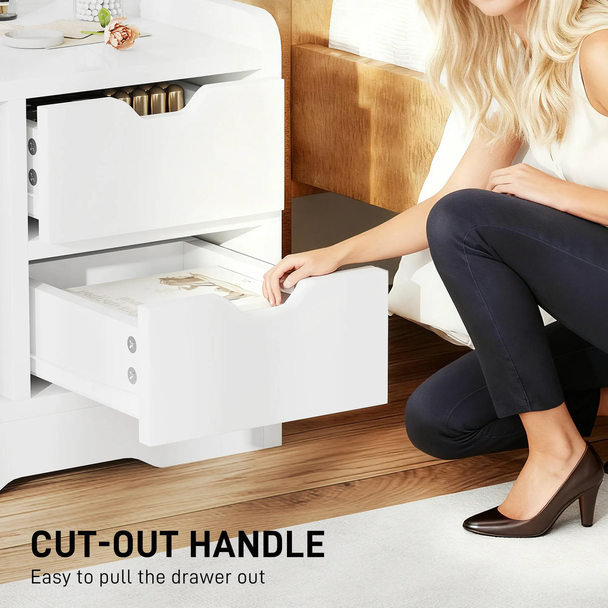 HOMCOM Bedside Table with 2 Drawers and Open Shelves - High Gloss White