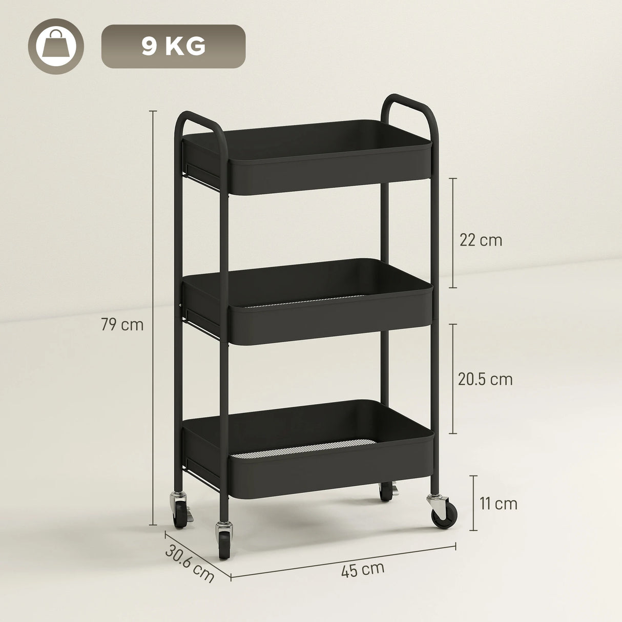 HOMCOM Three-Tier Steel Storage Trolley - Black