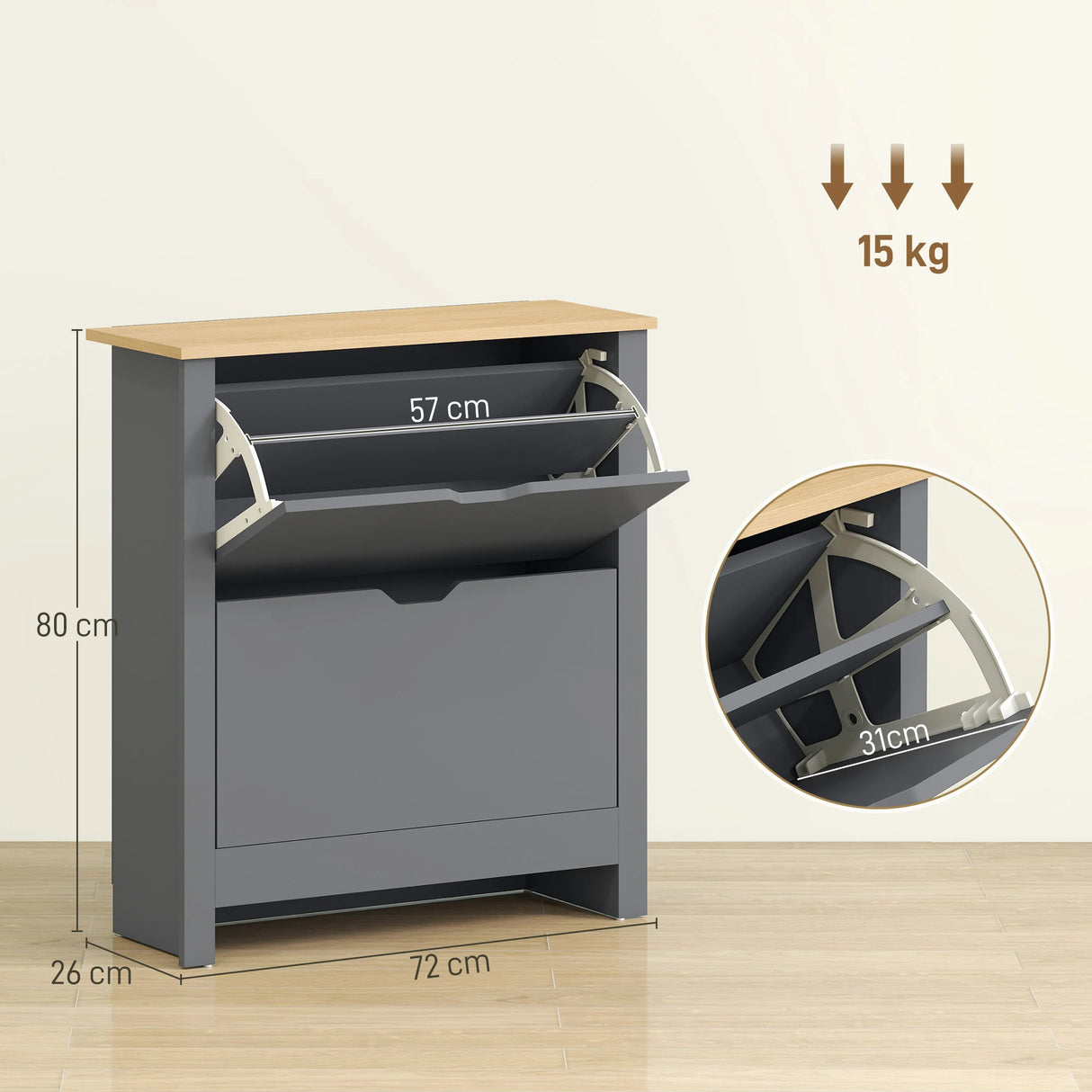 HOMCOM Slim Shoe Cabinet, Narrow Shoe Cupboard with 2 Flip Drawers, Adjustable Shelves for 12 Pairs of Shoes, Charcoal Grey