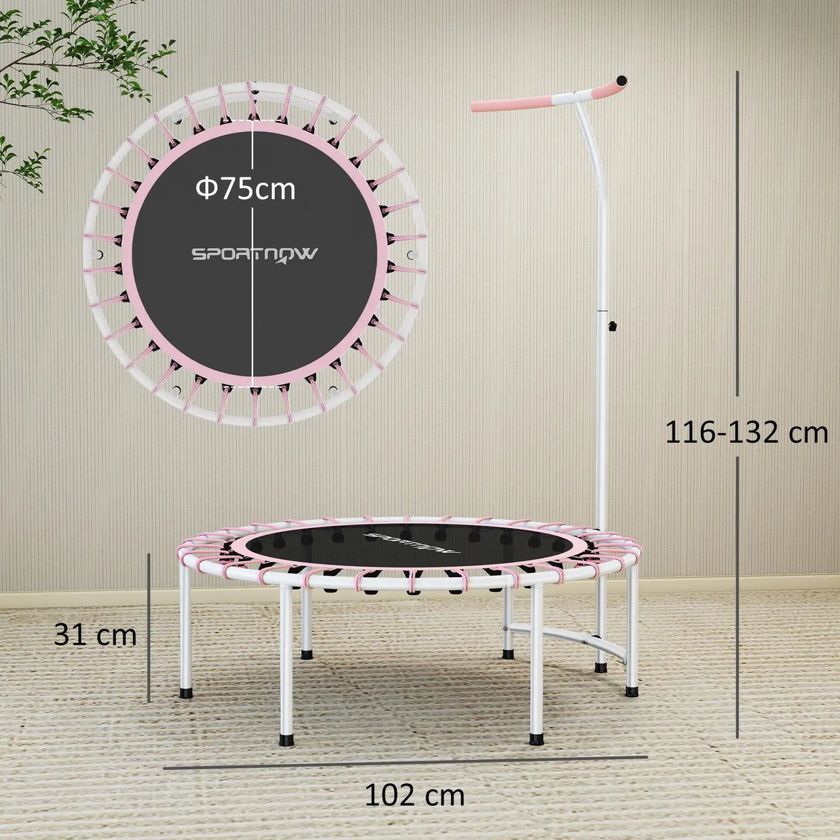 SPORTNOW 40" Fitness Trampoline, Mini Rebounder Trampoline for Adults with 5-Level Adjustable Handle, Indoor Exercise Bungee Rebounder, Max Load 100KG, Pink