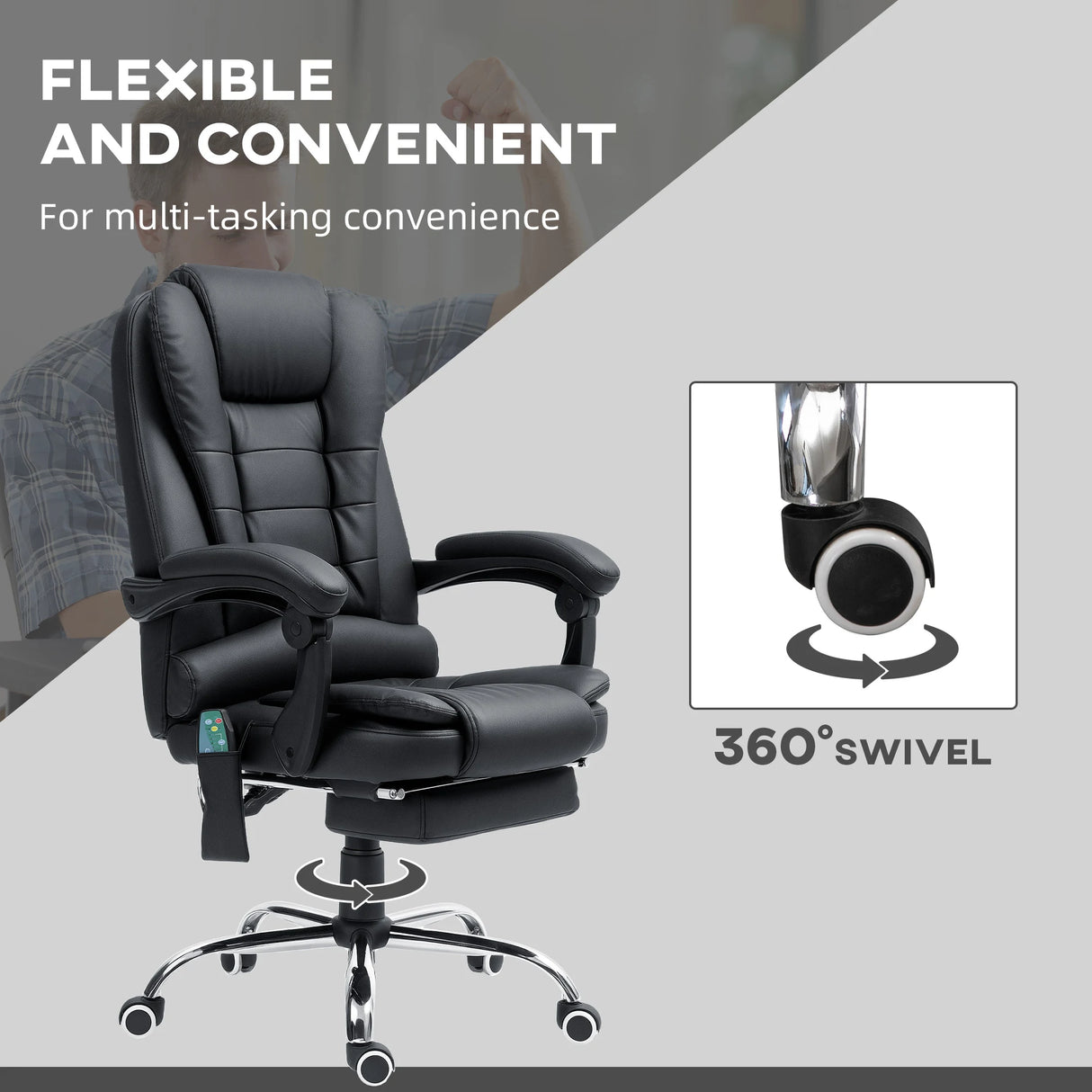 Vinsetto Office Chair with 6 Point Massage and Back Heat, PU Desk Chair with Footrest Adjustable Height and Swivel Wheels, Back Reclining, Black