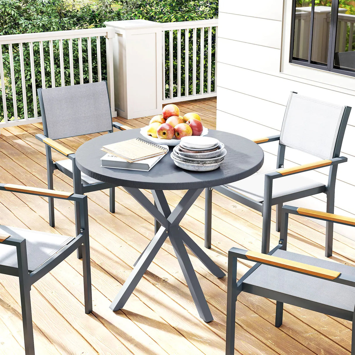 Outsunny Garden Table, 85cm Round Outdoor Dining Table with Steel Frame, Wood Effect Top, for Balcony, Deck, Dark Grey