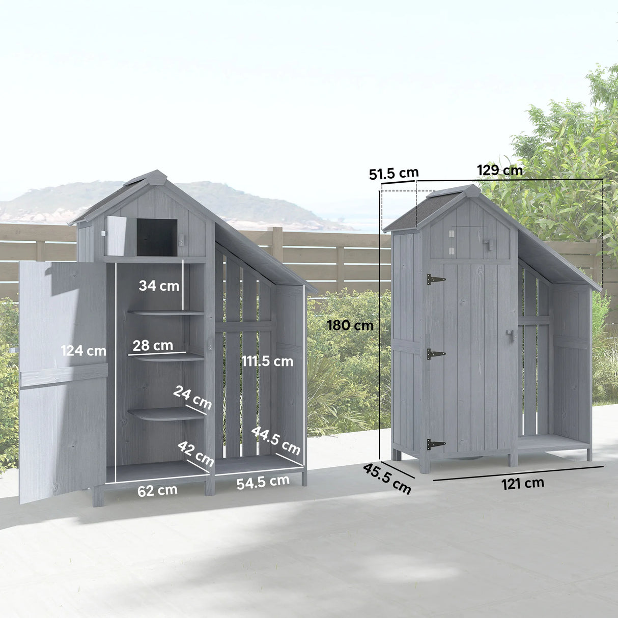 Outsunny Garden Outdoor Storage Shed 3 Shelves Tilt Roof w/ Firewood Rack Log Carrier, 129L x 51.5W x 180H cm