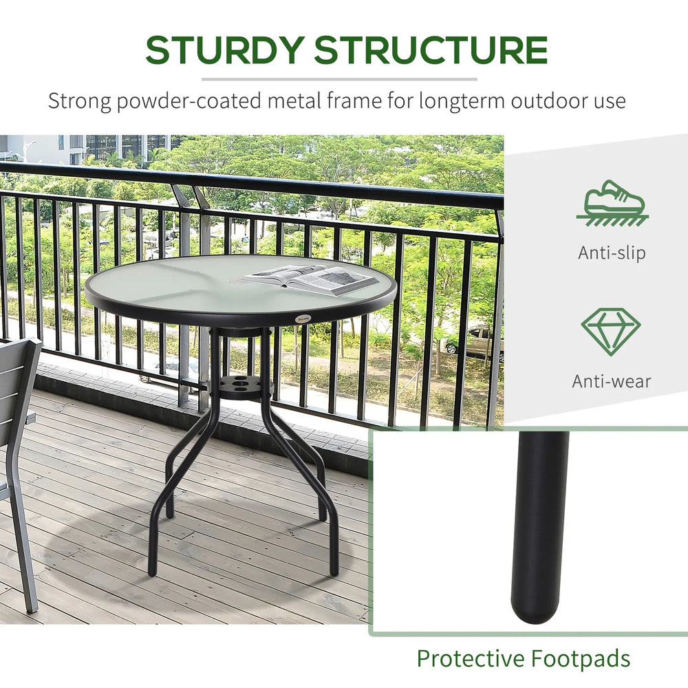 Outsunny 80 cm Round Garden Dining Table with Parasol Hole for 4, Outdoor Coffee Bistro End Side Table with Tempered Glass Top and Steel Frame for Patio, Porch, Black