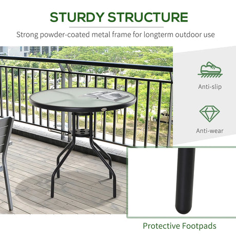 Outsunny 80 cm Round Garden Dining Table with Parasol Hole for 4, Outdoor Coffee Bistro End Side Table with Tempered Glass Top and Steel Frame for Patio, Porch, Black