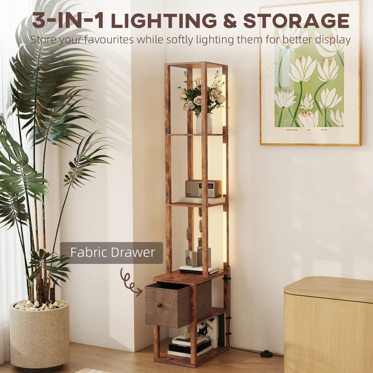 HOMCOM Floor Lamp with Shelves, LED Column Modern Standing Lamp with Fabric Drawer, Adjustable Brightness, Foot Switch for Living Room, Bedroom, Office, Rustic Brown