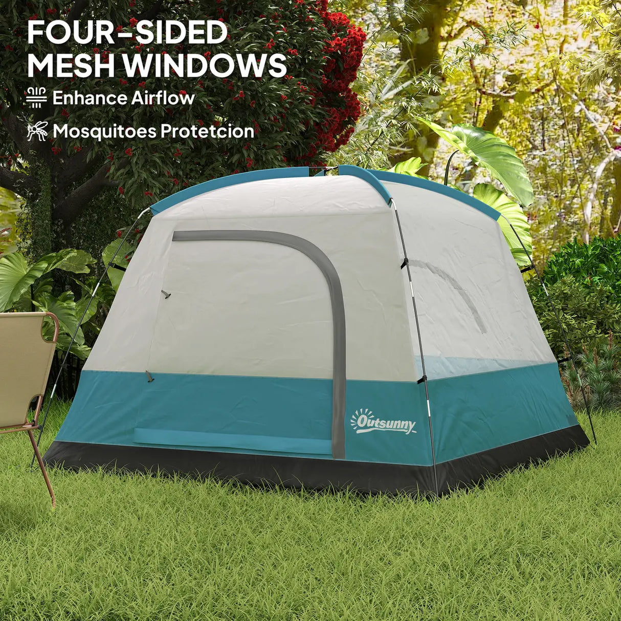 Outsunny 3-4 Person Camping Tent, Easy Set Up Waterproof Dome Tent with Sewn-in Groundsheet, Mesh Windows, Pocket and Hook for Camping, Hiking, Backpacking, Navy Blue and Light Blue