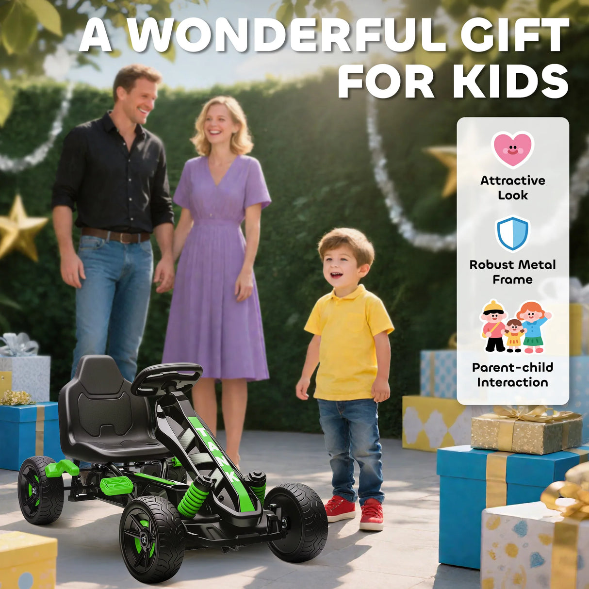 AIYAPLAY Pedal Go Kart for Kids Aged 3-6 Years, with Freewheel System, Brake, EVA Anti-Slip Wheels, Green