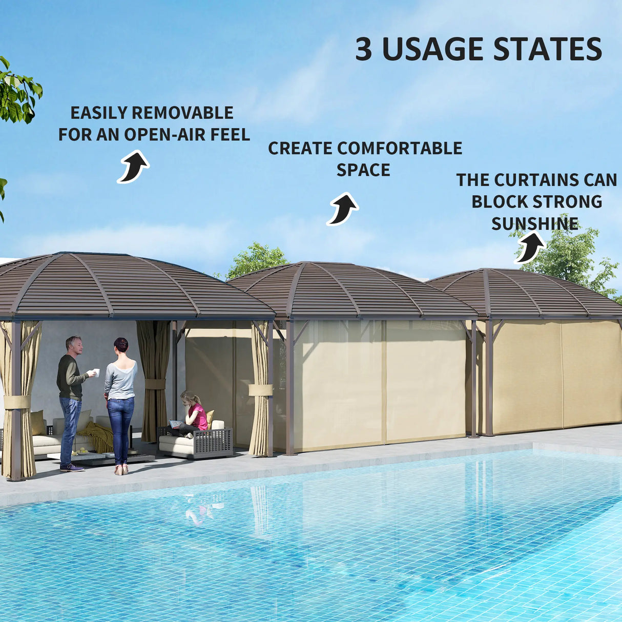 Outsunny 3 x 4m Hardtop Gazebo Canopy with Metal Roof, Aluminium Gazebo Permanent Pavilion with Netting and Curtains, Brown