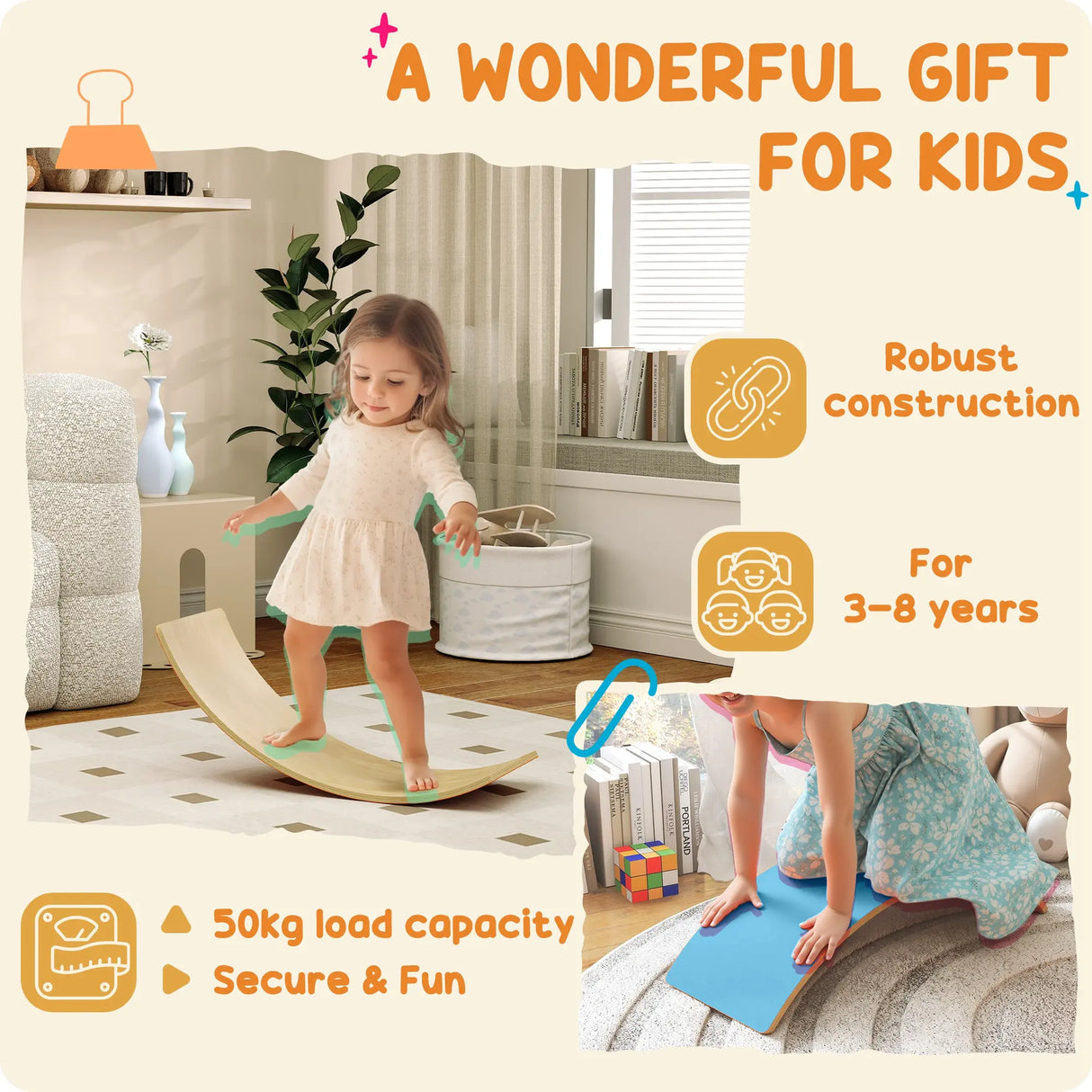 AIYAPLAY Wooden Balance Board for Kids, Wobble Board with Silent Felt for Sensory Play, Blue