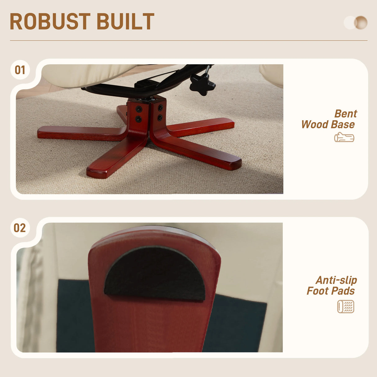 HOMCOM Rocking Recliner Chair with Footstool, PU Leather Recliner Armchair with Wood Base, Upholstered Reclining Chair for Living Room Bedroom, Cream