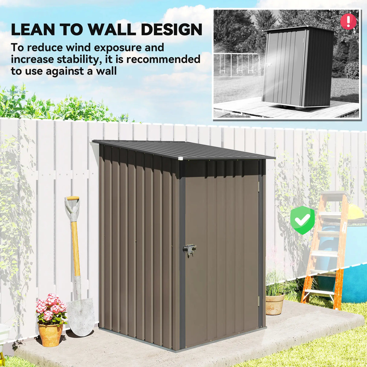 Outsunny Small Metal Garden Shed 3.3 x 3.4 Lean To Steel Garden Shed with Locking Door, Brown