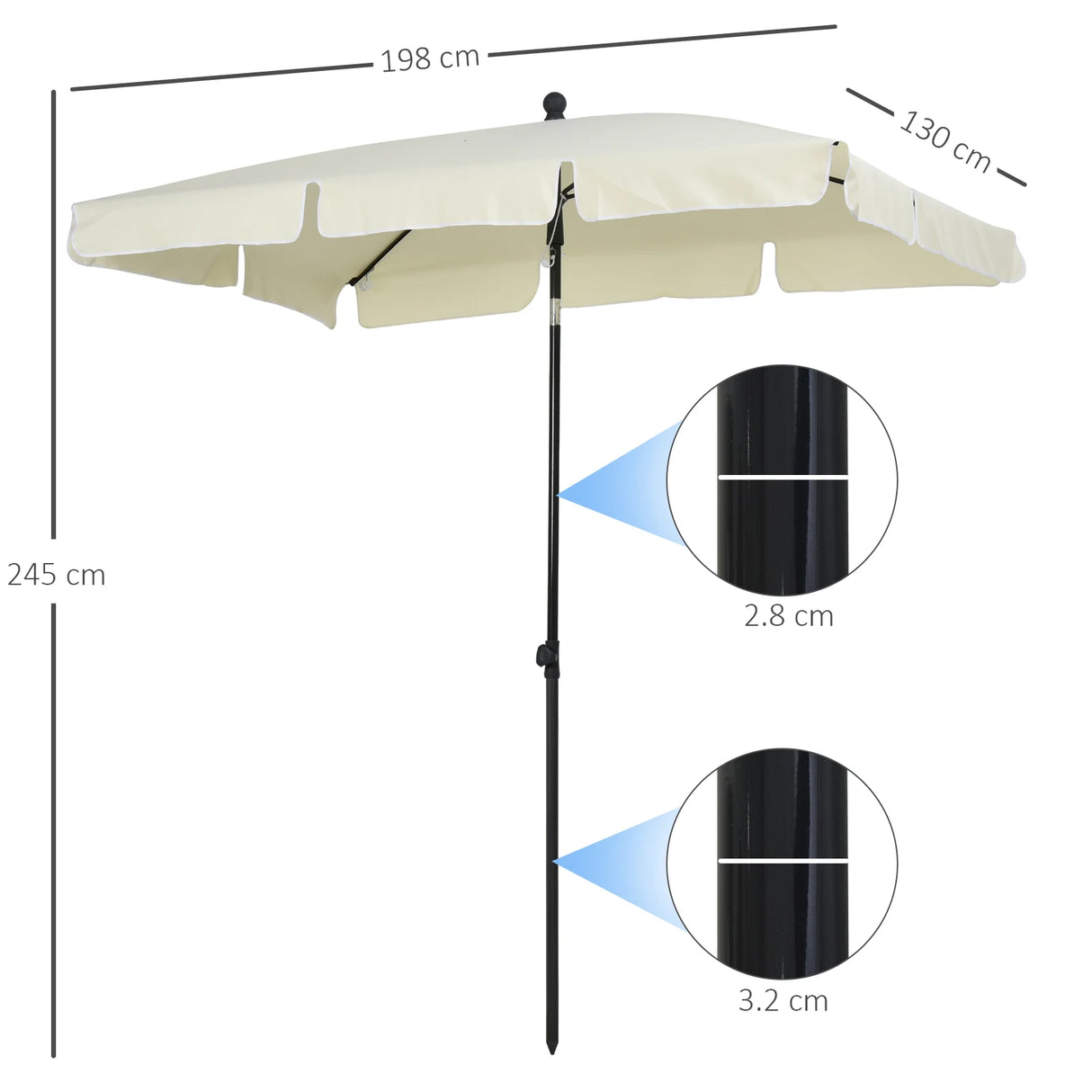 Outsunny 2 x 1.3m Garden Parasol Umbrella, Outdoor Market Table Umbrella with Ruffles & Aluminium Pole, Rectangular Tilting Parasol Sun Shade Canopy, Cream White