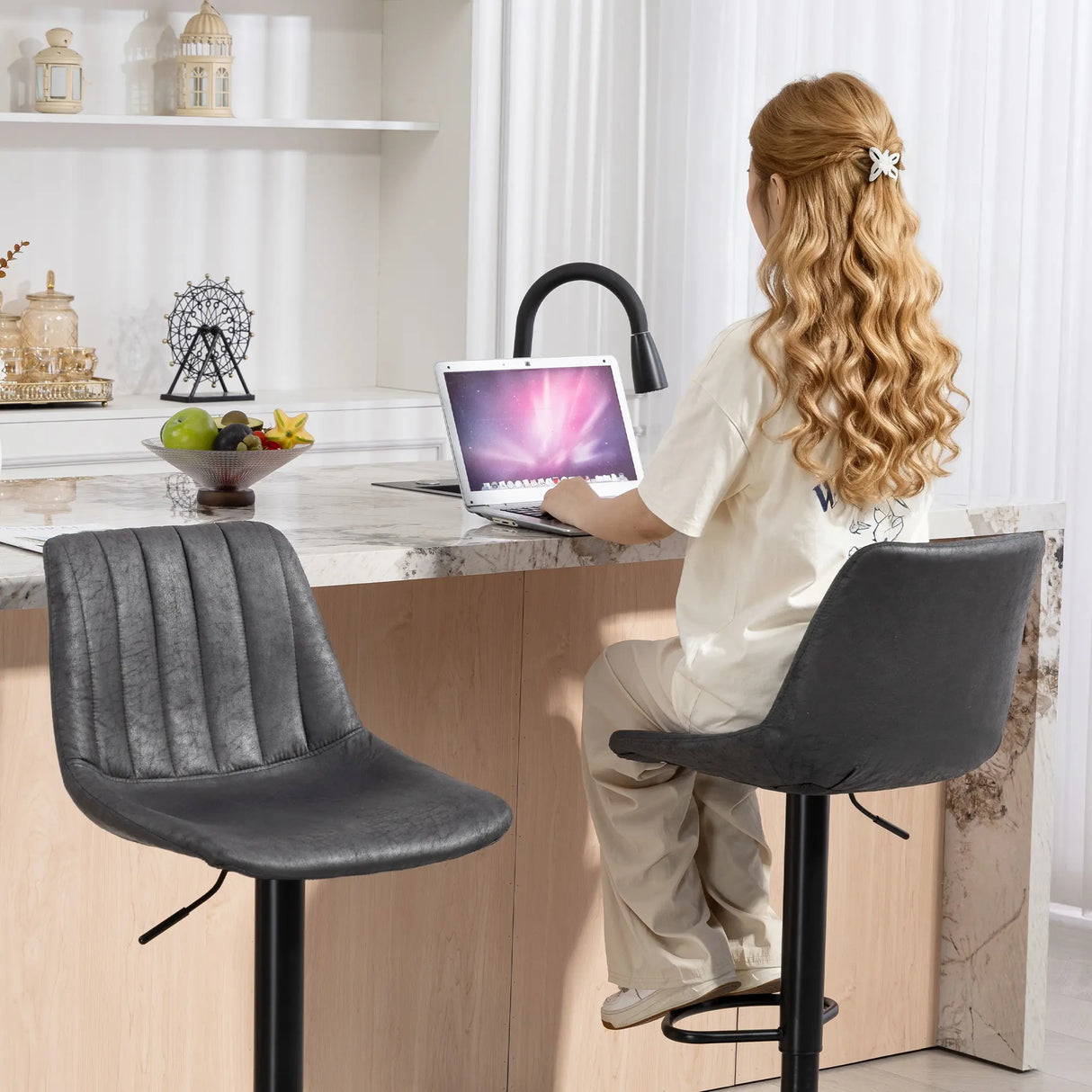 HOMCOM Set of 2 Leathaire Tub Bar Stools - Charcoal Grey