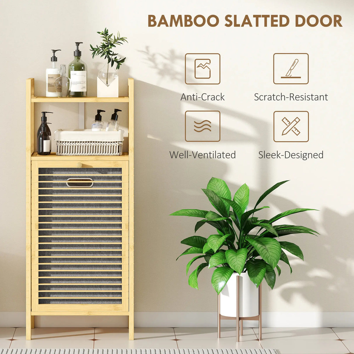 HOMCOM Bamboo Laundry Cabinet with Slatted Door, Bathroom Cabinet with Tilt-Out Hamper and Removable Liner Bag, 40 x 30D x 95 cm, Natural Wood Finish