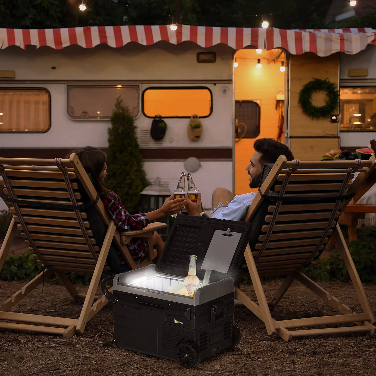 Outsunny 40L Car Refrigerator, Portable Compressor Cooler Box, Fridge Freezer w/ Inner LED Light, Foldable Handles, Cup Holders, 12/24V DC and 110-240V AC for Campervan RV Boat Travel Down to -20