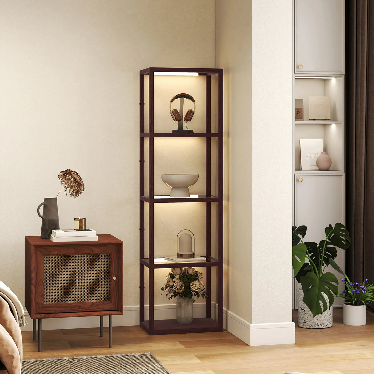 HOMCOM LED Floor Lamp with Glass Shelves, 4 Layers Dimmable Tall Standing Lamp, Modern Column Shelf Floor Light for Living Room, Bedroom, Office, Dark Brown