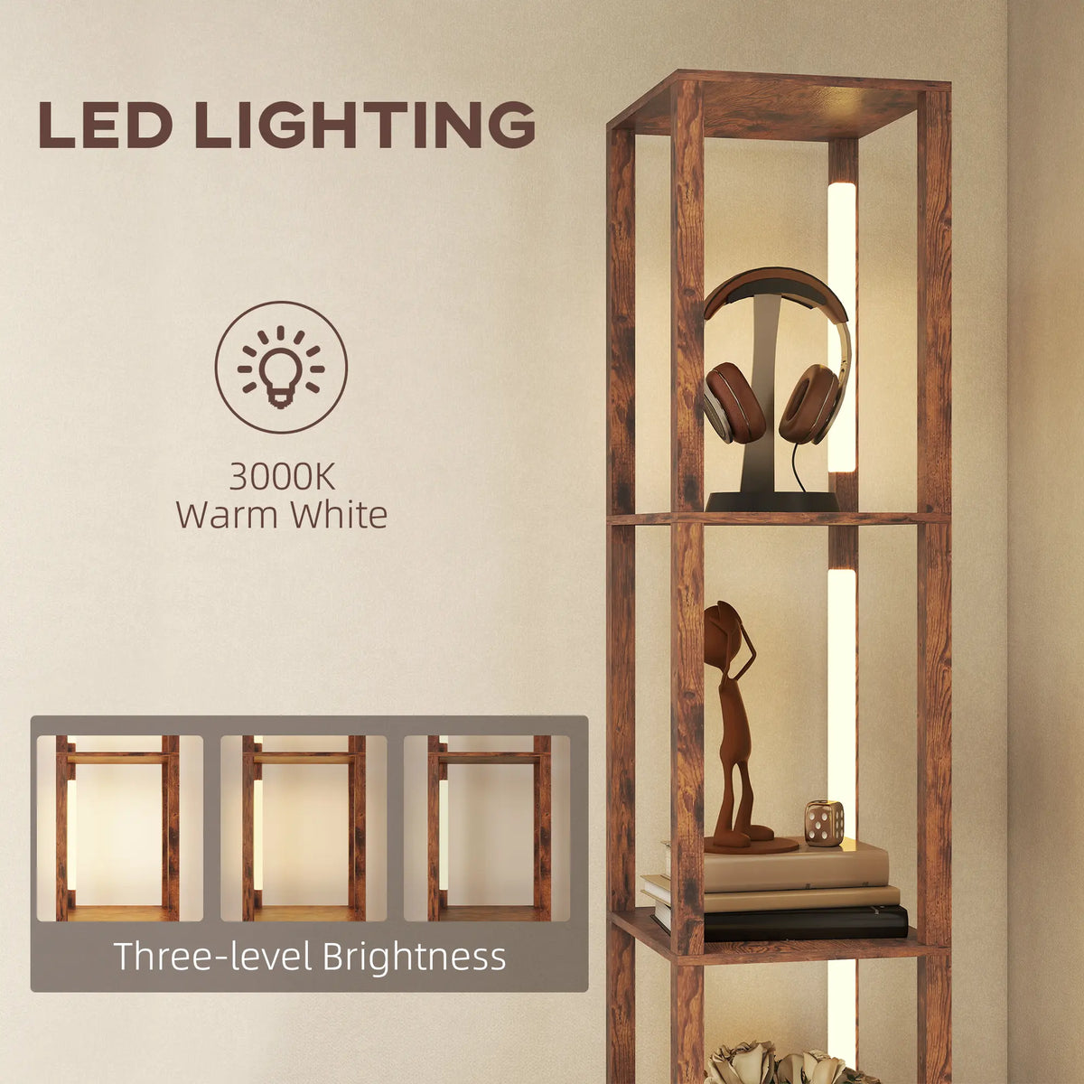 HOMCOM Floor Lamp with Shelves, LED Column Modern Standing Lamp with Fabric Drawer, Adjustable Brightness, Foot Switch for Living Room, Bedroom, Office, Rustic Brown