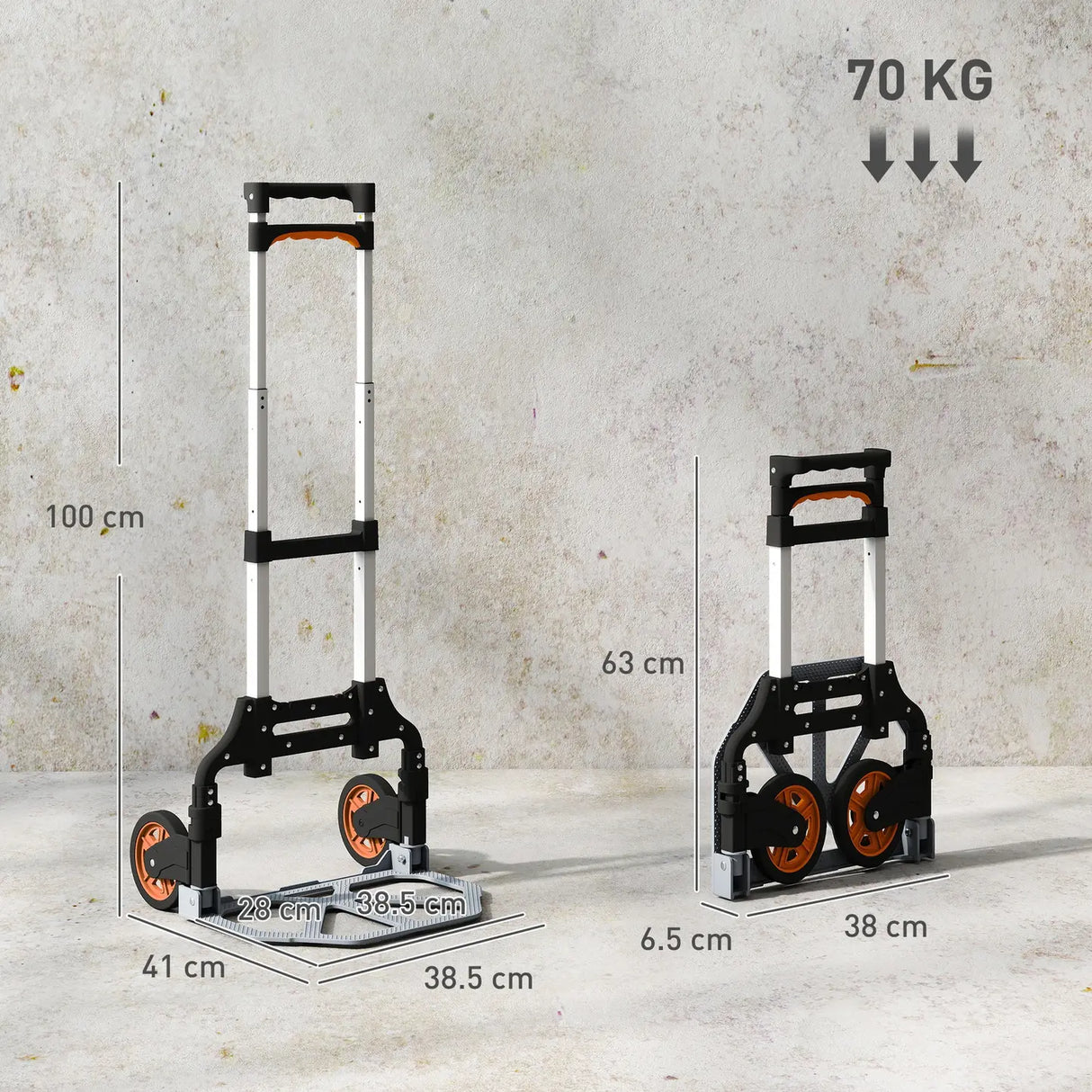 HOMCOM Folding Sack Truck, 70kg Lightweight Hand Truck with Wheels, Foldable Trolley Cart with Telescoping Handle for Warehouse, Office, Luggage, Silver Tone