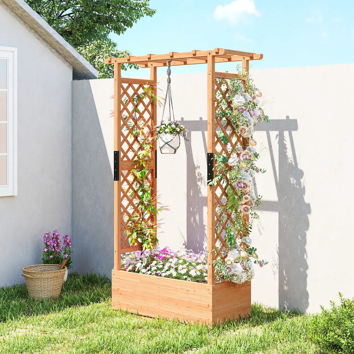Outsunny Fir Wood 110 x 44 cm Planter and Trellis Garden Bed