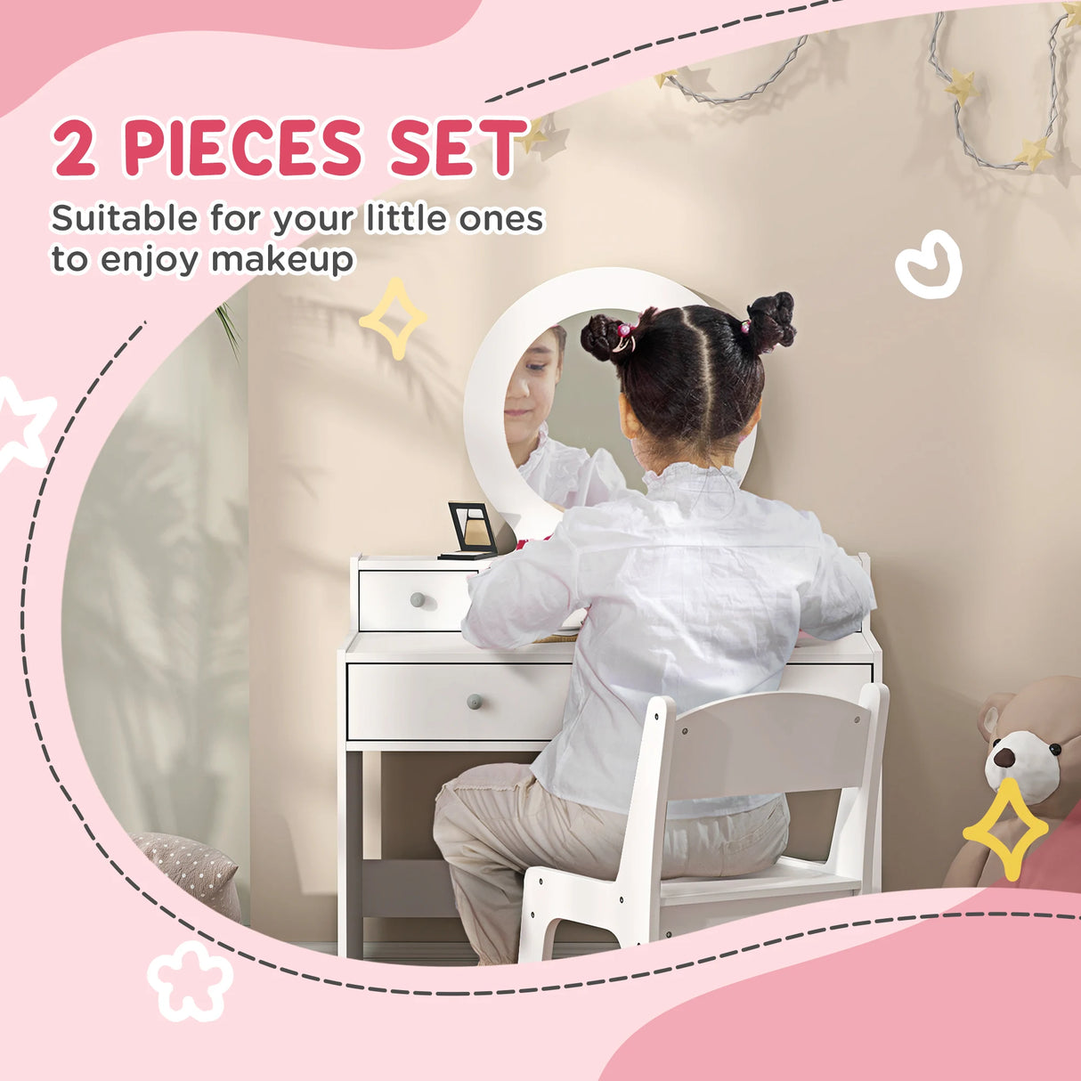 AIYAPLAY Kids Dressing Table Set Kids Make up Table with Stool and Mirror, Storage Drawers, Gift for Aged 3-8